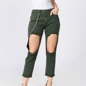 Destroyed knee ripped green chain denim jeans pants